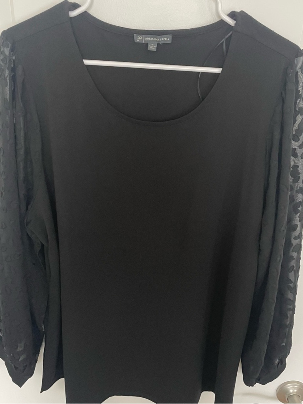 Adrianna Papell Black Blouse with Sheer Patterned Sleeves